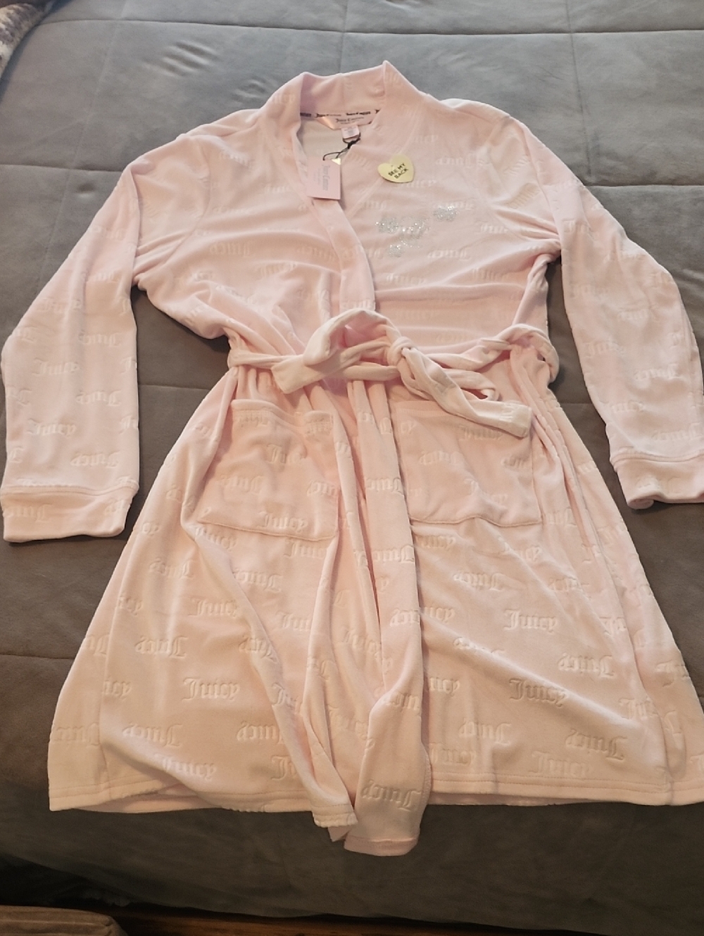 Juicy Couture Light Pink Velour Robe with Logo Detail